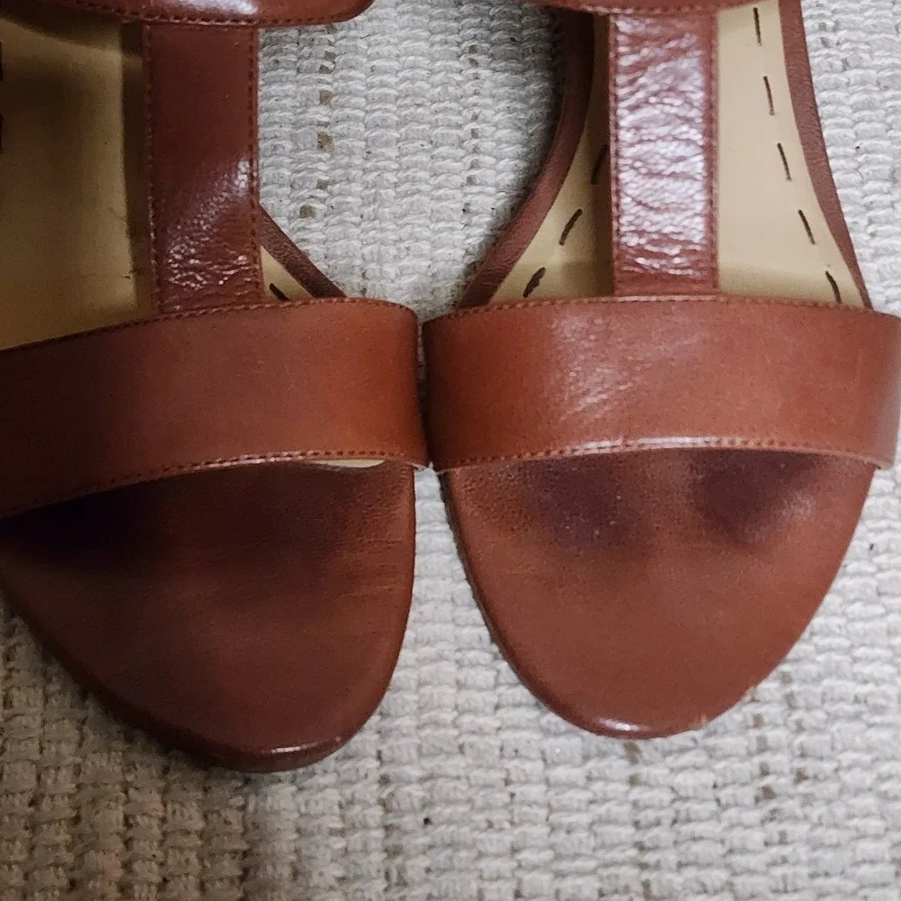 Nine West Voodoo Leather Sandal‎ Brown Tan 7M Wedge Heel Summer Open Toe Ankle